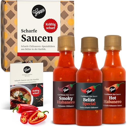 Gepp‘s Feinkost scharfe Soßen Set I Hot Sauce Set mit 2 feurigen Habanero Chili Saucen und einer Hot Belize Sauce I Chili Geschenkset, hergestellt nach eigener...