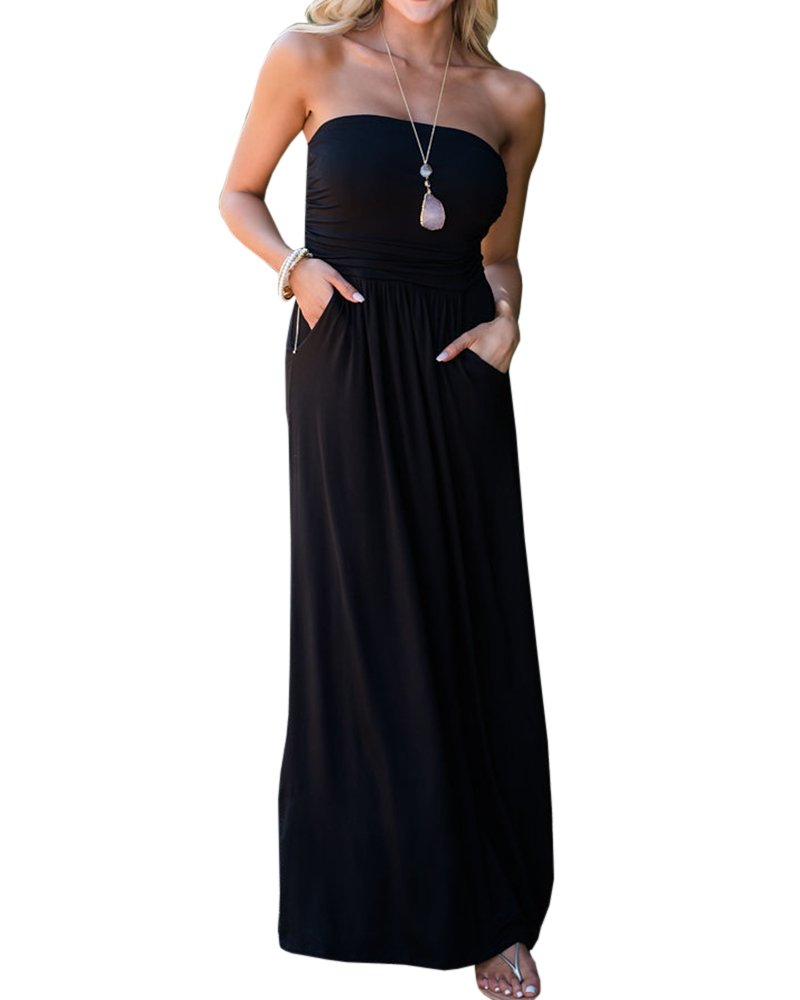 Womens Off The Shoulder Maxi Dresses Summer Strapless Bandeau Long Dress with Pockets