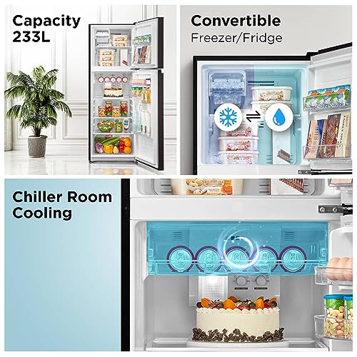 Image of Midea 233 L, 3 Star, Frost Free Convertible 9 in 1 Double Door Refrigerator with real Inverter compressor and Deo Fresh Technology (MDRT359FGI28, Jazz Black)