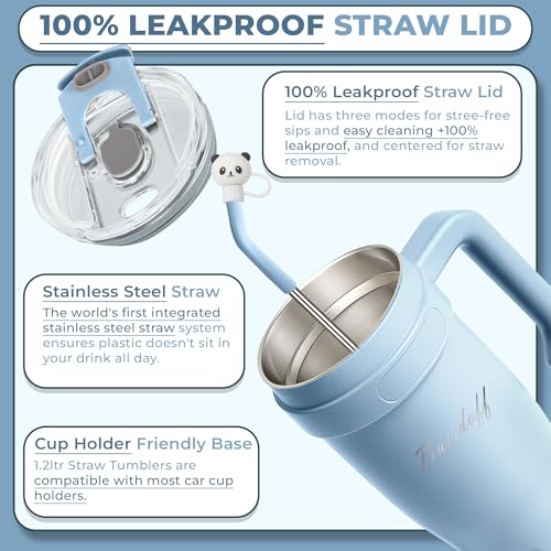 Image of Insulated Tumbler with Straw Lid and Handle (1200 ML) Double Wall Sipper Water Bottle for Adults, Tumbler Bottle with Straw (Arctic Blue, 1200 ML, with Panda Straw Coverr)