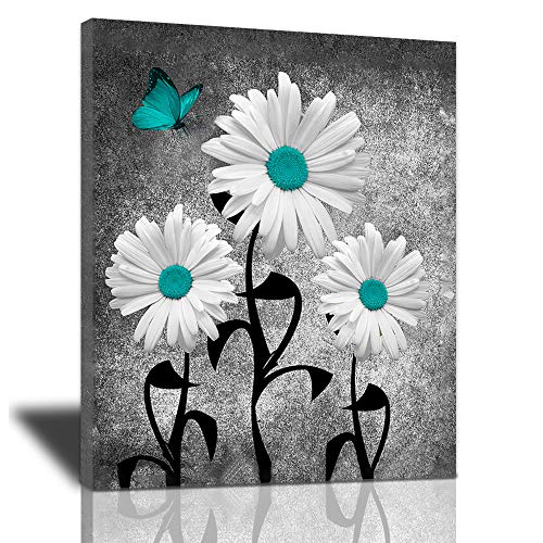 Bulldog Leather Works Abstract Bathroom Decor Canvas Wall Art, Teal Daisy Butterflies Farmhouse Flower Poster Black White Motivational Artwork Modern Framed Ready To Hang, 12x16inch