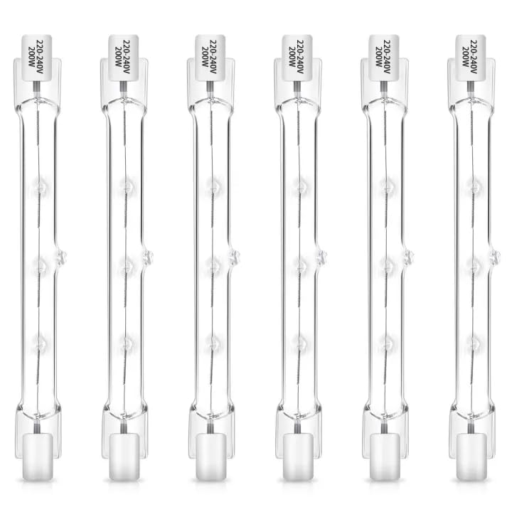 Bombilla Halógena R7S 118mm 200W 230V Blanco Cálido Regulable 2700K, Varilla Halógena Lineal J118mm R7S para Luces de Sala, Bombillas de Techo, Luces de Trabajo, luces de Paisaje, Paquete de 6