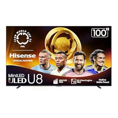 Hisense 100" Class U8 Mini-LED ULED 4K UHD Google Smart TV (100U8QG, 2025 Model) - QLED, Native 165Hz, VRR 288, Up to 5000 Nits, HDR10+, Dolby Vision IQ · Atmos, IMAX Enhanced, 4.1.2 Ch Surround