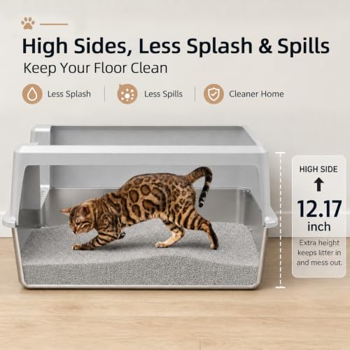 Image of XL Stainless Steel Cat Litter Box with High Sided Enclosure, Scoop & Mat