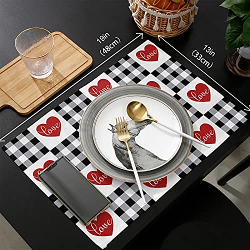 Valentine’s Day Placemats Set Of 6 - Red Love Hearts Valentine Table Place Mats, Holiday Heat Resistant Washable Table Mats For Kitchen Dining Table Home Decoration, 13''X19'' #TOP5