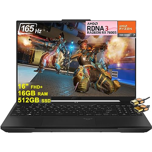 Asus TUF Gaming A16 Laptop 16" FHD+ 165Hz 7ms 100% sRGB AMD Octa-core Ryzen 7 7735HS (Beat i7-11800H) 16GB RAM 512GB SSD Radeon RX 7600S 8GB Graphic Backlit USB-C USB4 Fast Charging Win11 +HDMI Cable