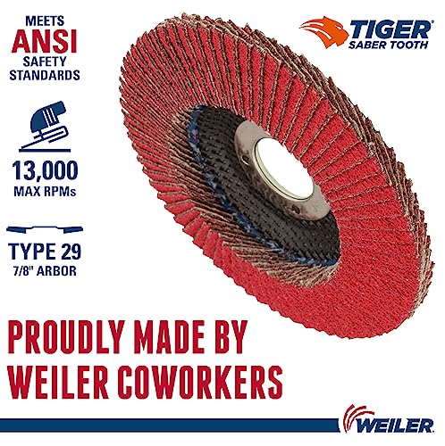 Image of Weiler 50100 Saber Tooth 7 /8 inch Arbor, 4-1 /2 inch Diameter, 36 Grit, Ceramic, Phenolic Backing, Angled Abrasive Flap Disc