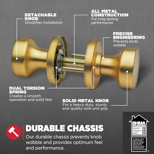 Image of Kwikset Pismo Interior Passage Door Knob, Handle for Closet and Hallway Doors, Non-Locking Doorknob, Satin Brass, Round, Microban Protection (Pack of 10)