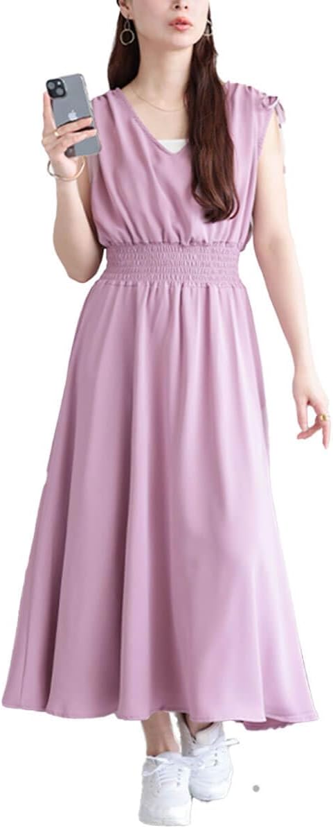 [ゴールドジャパン] 大きいサイズ レディース ワンピース ロング ノースリーブ シャーリング リボン 春コーデ 春 夏 秋