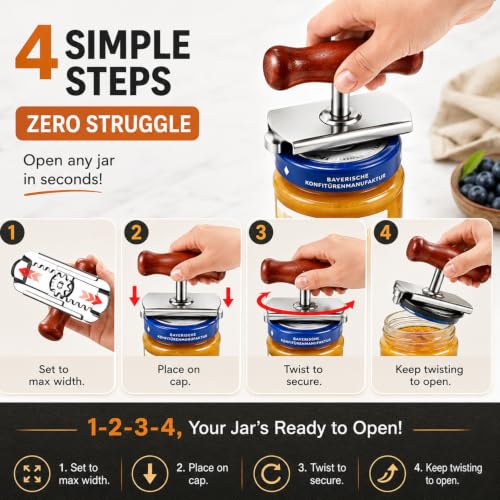 Adjustable Jar Opener, Stainless Steel Lid Opener with Ergonomic Wooden Handle, Easy Manual Bottle Opener for Weak Hands, Fits 1–4 Inch Bottle Can Lids, Fit Seniors, Arthritis, Women, Chilren — view 3