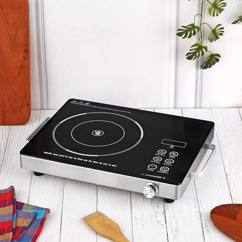Image of Chakmak Lava Infrared Cooktop 2.0 | Touch Panel | Universal Cookware Compatible | Fast Heating Electric Cooktop | Crystal Glass Top | Timer & Preset Modes | Black & Silver (2200W)