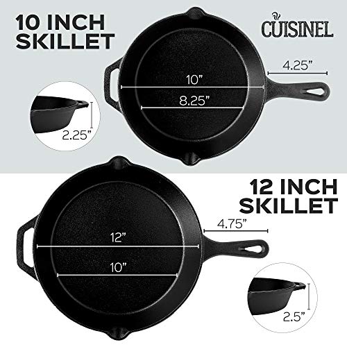 Image of Cuisinel Pre-Seasoned Cast Iron Skillet 2-Piece Set (10-Inch and 12-Inch) Oven Safe Cookware- 2 Heat Resistant Holders