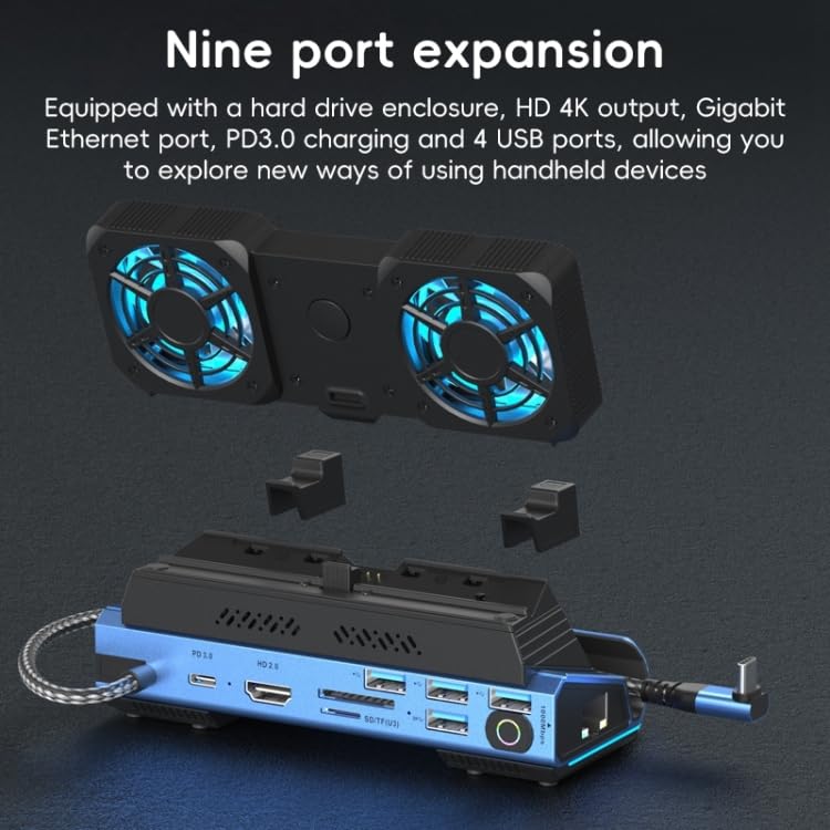 Image of Tobo 9 in 1 USB C Steam Deck Docking Station with Dismantling Cooling Fans 4K@60Hz,1000Mbs Ethernet,SD /TF,4 USB A,100 PD Charging 40Gbps Adapter for Steam Deck /Rog Ally /Switch /Legion Go TD-1406GA