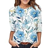 Damen Shirt 3/4 Arm - Lässige Damen Sommeroberteile Dreiviertelärmel V Ausschnitt T Shirt Bedruckt lockere seitlich Geteilte Tunika Bluse Blusenshirt Damen 3/4 Arm