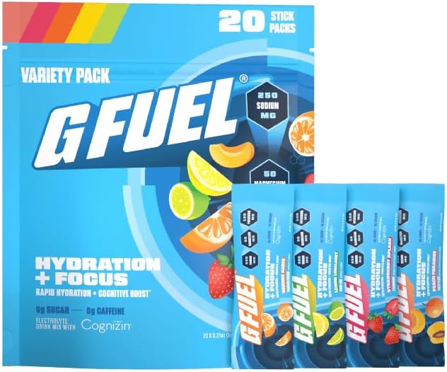G Fuel Electrolitos en polvo para hidratación instantánea y enfoque, electrolitos sin azúcar, paquete variado de limón, naranja, melocotón, fresa,