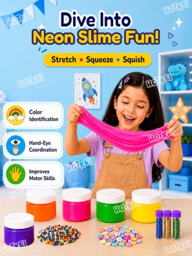 Image of HOTKEI (6 Neon Slime kit) DIY Neon Colored Fruit Scented Slimy Slime Gel Jelly Set Kit Air Dry Magical Crystal Clay Putty Toy for Girls Boys Kids with Glitter| Stars | Color Beads Set