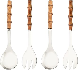 Serving Spoon and Fork Set, 304 Stainless Steel Serving Utensils with Natural Bamboo Handle, 10" Long Handle Serving Set for Kitchen Party Buffet, 4 Pieces / 2 of Each