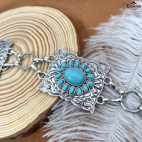 Image of Turquoise Belt Silver Western Chain Belt, Cowgirl Concho Style with Turquoises Embellishment for Women (Silver - Square Turquoise, Fits low waist 46-50''(59'' total))