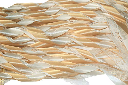 Kingsnow 50 Pack Champagne Lace Ribbon Wands Party Streamers with Bells Silk Fairy Stick Wand Party Favors for Wedding Send off Party Activities Baby Shower Holiday Celebration - Thumbnail 2