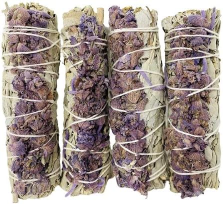 Bholi Sage Plus Sage Smudge Kit for Cleansing Negative Energy, Lavender with White Sage Smudge Sticks Pack of 4 Dried Lavender Sage Sticks