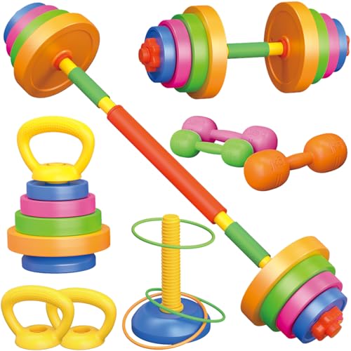 6-in-1 Kids Weight Set- Dumbbell, Barbell, Kettlebell, Ring. Adjustable Workout Equipment Toy for Children Pretend Kids Exercise Equipment, Toddler Weights Gym Workout Bench Set Gift for Baby Boy Girl