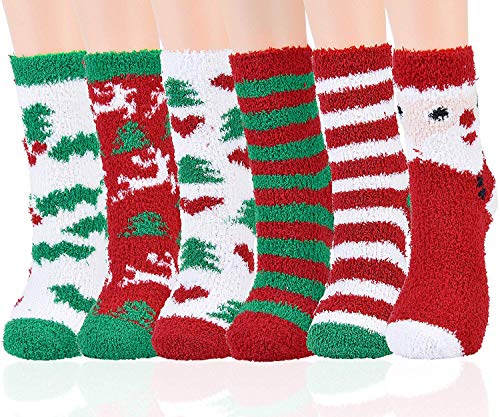 Fuzzy Cute Christmas Socks for Women Girls 6 Pairs Soft Warm Fluffy Cozy Winter Slipper Colorful Reindeer Snowman Socks