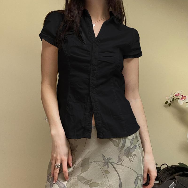 Seyumixi Y2k Button Up Shirt Women Short Sleeve V Neck Cropped Blouse Slim Fitted Collared Top Cute Preppy Coquette Tops - Image 3