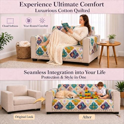 Image of STITCHNEST 'Frostvine Collection' 3 Seater Sofa Cover - Full Coverage| Cotton Quilted Fabric, Decorative Tassels, Washable & Durable for Modern Living