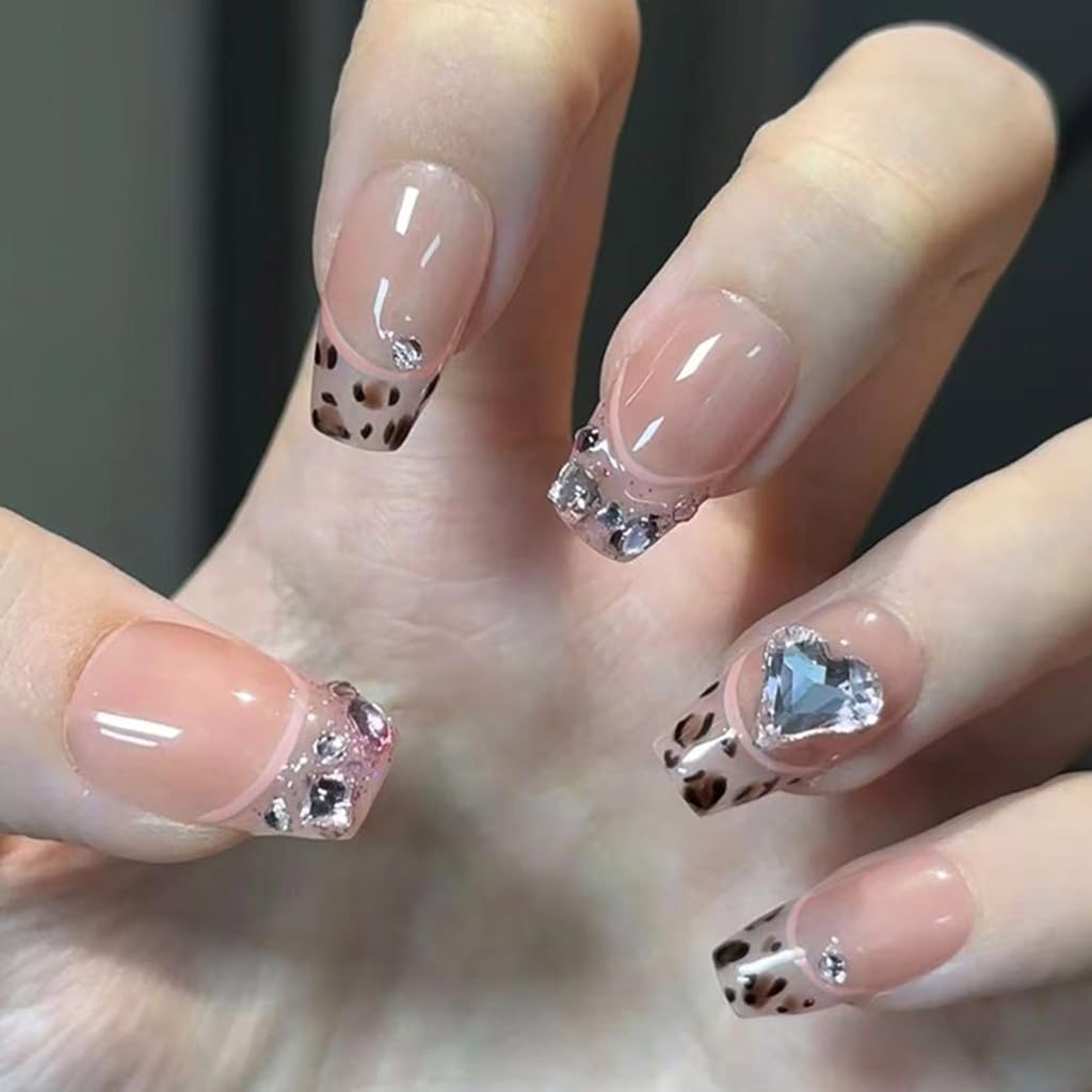24pcs Valentines Nails French False Nails Leopards with Rhinestones Designs Elegant Stick on Nails
