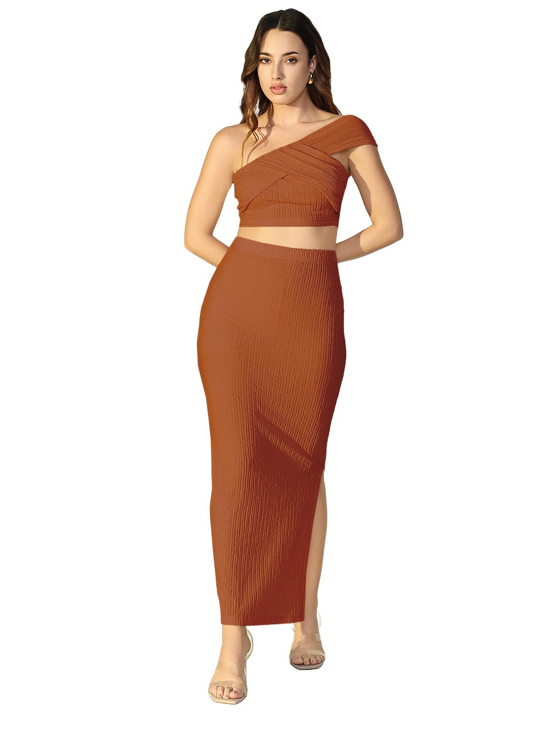 showoffff Edition Women's Textured Rust One Shoulder Top with Skirt Co-Ords Set-CHN-2523_Rust-P-picture-17