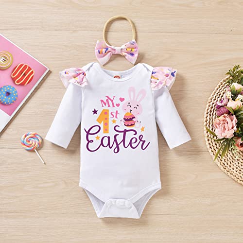 HINTINA Infant Baby Girl My First Easter Outfit Bunny Rabbit Printed Pants Headband Clothes Set3