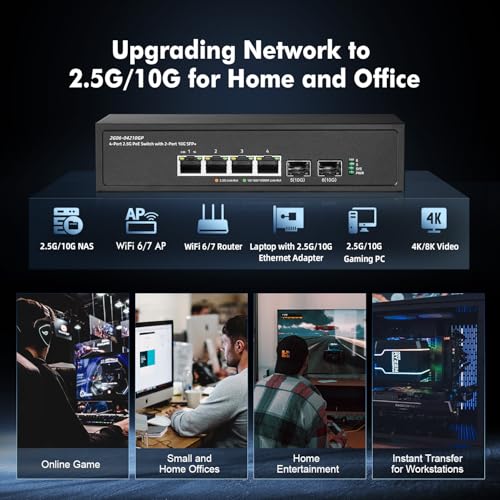 Image of Binardat 6 Port 2.5G PoE Switch with 2x10G SFP+ Port, 4x2.5G Base-T Ports Compatible with 100 /1000Mbps, IEEE802.3af /at 78W, Unmanaged Fanless Rackmount Ethernet Switch