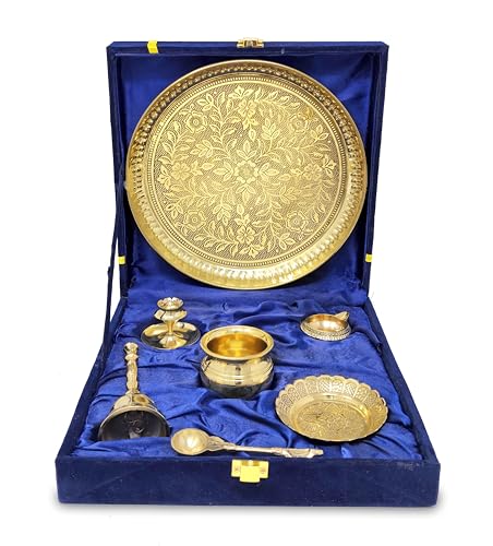 Image of BENGALEN Brass Pooja Thali Set with Blue Gift Box 8 Inch Pital Puja Thali Dhup Dan Kalash Palli Ghanti Kangura Plate Kuber Diya for Diwali Home Mandir Office Wedding Return Gifts Items