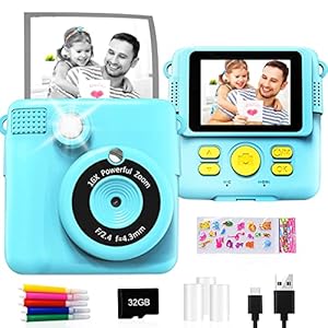 GKTZ Instant Print Camera – 1080P HD Instant Print Photo – Christmas Birthday Gifts for Age 3-12 Girls Boys – Kids Portable Toy with 3 Rolls Photo Paper, 5 Color Pens, 32GB Card – Blue