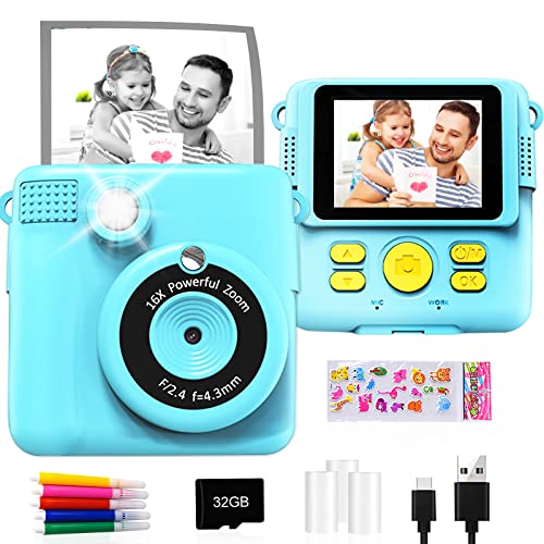 GKTZ Instant Print Camera – 1080P HD Instant Print Photo – Christmas Birthday Gifts for Age 3-12 Girls Boys – Kids Portable Toy with 3 Rolls Photo Paper, 5 Color Pens, 32GB Card – Blue