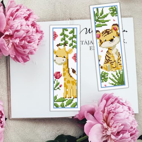 Image of INFUNLY 6PCS DIY Cartoon Animal Cross Stitch Bookmark Kits 8.66 inchx3.15 inch Cute Bear Cow Stamped Embroidery Kits with Instructions Plant Flowers Needlepoint Bookmark Kits for Book Lovers Readers Writers