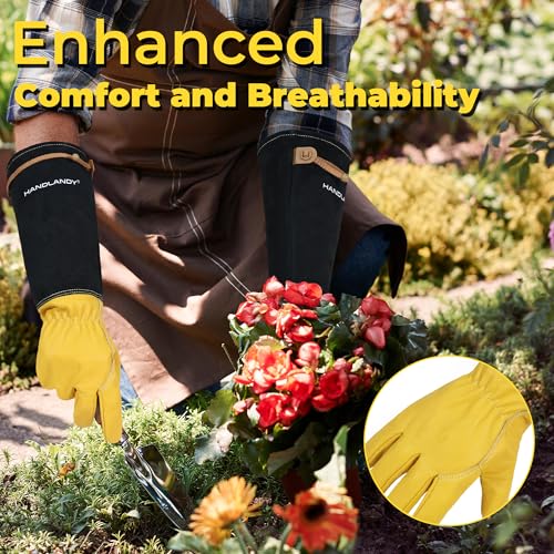 Image of HANDLANDY Rose Pruning Gloves for Men Women, Thorn Proof Gardening Gloves | Long Leather Gardening Gloves, Breathable Leather Gauntlet, Best Garden Gifts & Tools for Gardener (Mustard Yellow, M)