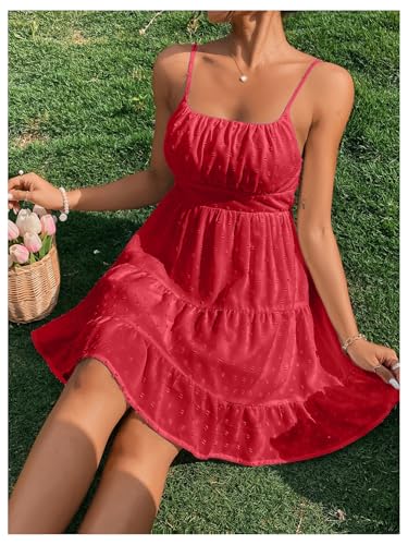 Image of Floerns Women's Swiss Dots Sleeveless Ruched Bust Ruffle Hem Cami Short Dress