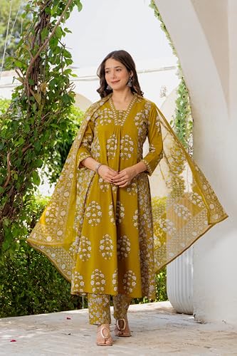 Image of PARTHVI Women's Pure Cotton Block Printed Ethnic Wear Kurta & Palazzo Pants & Dupatta Set