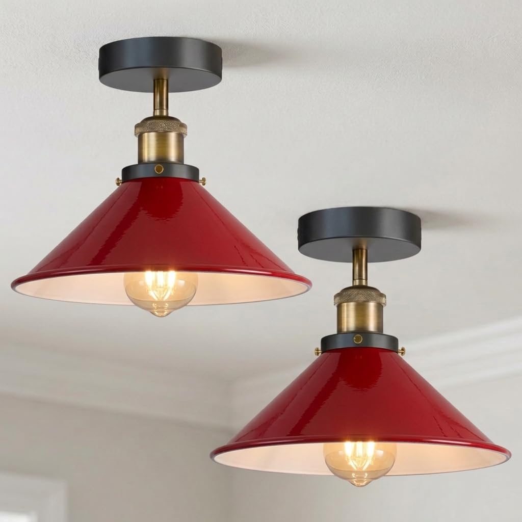 Pack of 2 Industrial Semi Flush Mount Metal 22cm Red Cone Lampshade E27 Indoor Ceiling Lights for Bedroom, Kitchen, Hallway with Bulb โ image 1