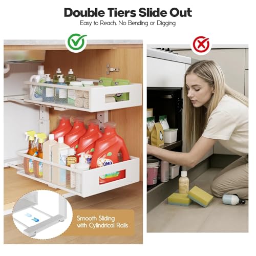 Image of Under Sink Organizer, 2-Tier Dual Pull Out Cabinet Organizer Drawers With Smooth Circular Rail, Large Capacity Metal Mesh Sliding Shelves For Bathroom& Kitchen Storage,Height Adjustable-White,1 Pack