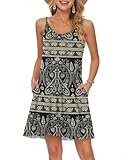 MISFAY Women's Summer Spaghetti Strap Casual Swing Tank Beach Cover Up Dress with Pockets (Boho Floral Black,M)