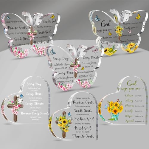 Pinkunn 6 Pcs Acrylic Christian Gifts for Women Heart Inspirational Religious Gifts with Bible Verse and Prayers Butterfly Scripture Faith Keepsake Paperweight Bulk for Church Christmas