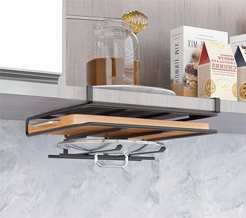 まな板スタンド 戸棚下まな板ホルダー 吊り下げラック 吊り戸棚 戸棚下ラック キッチン 収納 まな板 収納 穴あけ不要 ネジ止め不要 (ブラック,B 25cm)