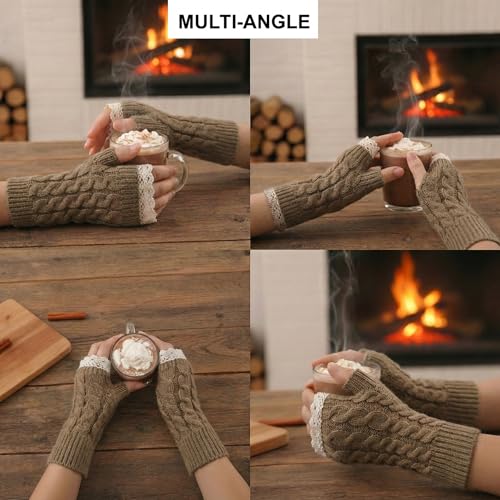 Image of Kraptick Women's Cable Knit Fingerless Gloves - Winter Arm Warmers with Elegant Lace Trim & Thumb Hole - Soft Woolen Thermal Half Finger Mittens for Typing, Driving & Office Work (Free Size, khaki)-1