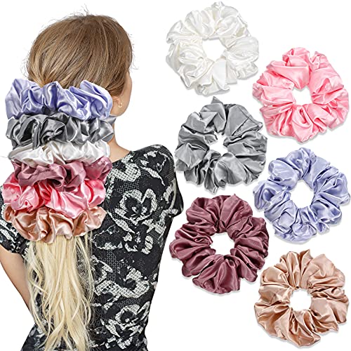 Image of Chuangdi 6 Pieces Big Satin Scrunchies for Women, Jumbo Silk Scrunchies Thick Elastic Jumbo Hair Tie Galentine Valentine's Day Gifts(Champagne, White, Silver Grey, Light Pink, Bean Red, Light Blue)