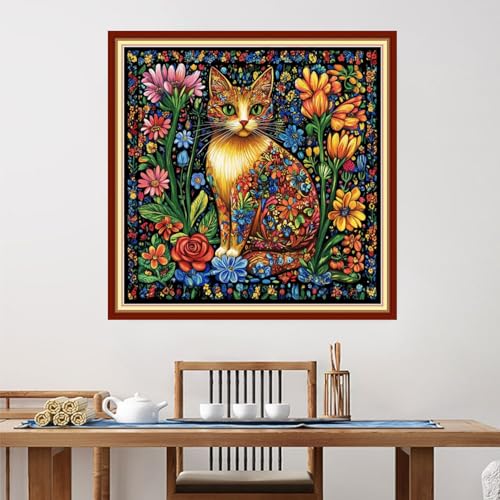 Image of Foxdiviy Stamped Cross Stitch Kits for Beginners Full Range of Cross Stitching 11 CT Printed Cross Stitch Kits for Adults Cross Stitch Patterns Needlepoint Kits-Magical Cat 18x18 inch