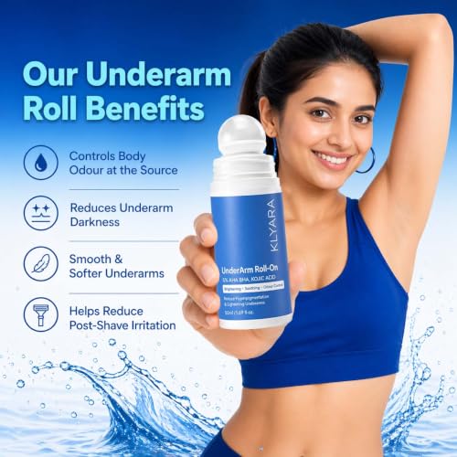 Image of Klyara Under Arm Roll-On Deodorant with 5% Potassium Azeloyl Diglycinate | Brightens Underarms, Controls Odor, Soothes Skin | Alcohol-Free | For Men & Women | 50ml (PACK-1)