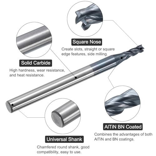Image of uxcell 5pcs Carbide Square End Mills, 5 /64 inch Dia AlTiN BN Coated 4 Flutes Milling Bit Cutter, for Hardened Steel Cast Iron Alloy Metal, 1 /8 inch Shank 3 /16 inch Cut Length 1-1 /2 inch Long HRC50