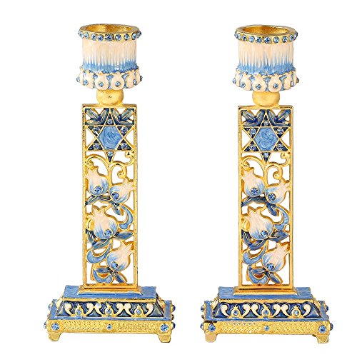 Matashi Shabbat Candlesticks Hand-Painted, Gold-Plated Pewter | Tall, Vintage Craftsmanship | Personal Or Religious Use (Blue) #TOP1